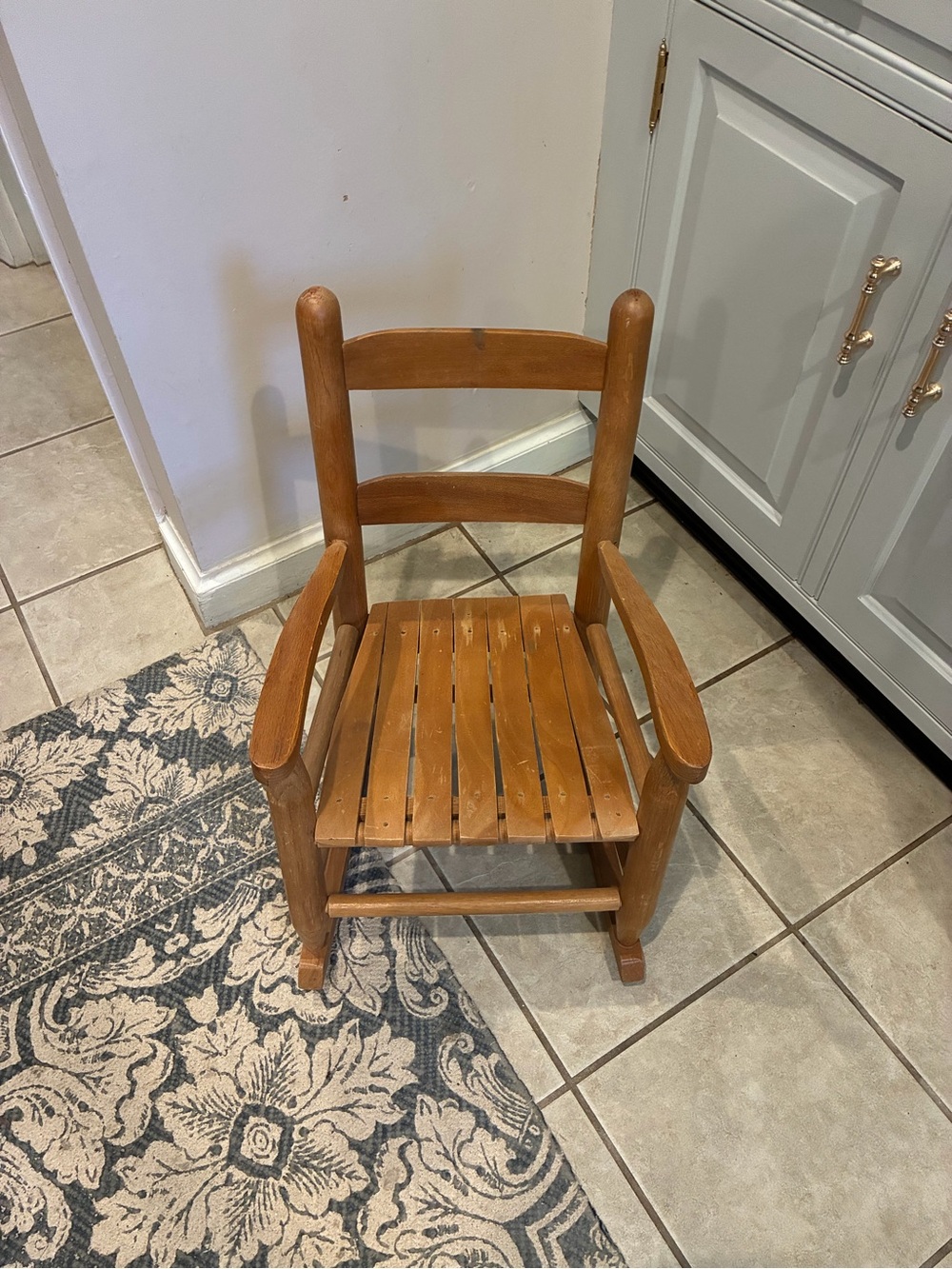 Vintage Rustic Slat Wood Child Rocking Ladder Back Chair